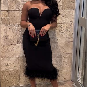 Heiress Beverly Hills Black crepe plunge neckline fur midi dress